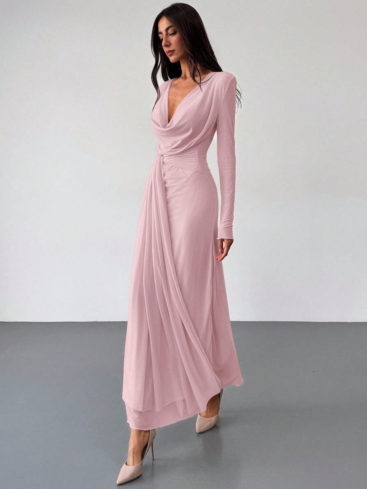 Deep Draped Neck Long Sleeve Tight-Fitting Mesh Lace Dress, Apricot, Romantic For Date & Outing