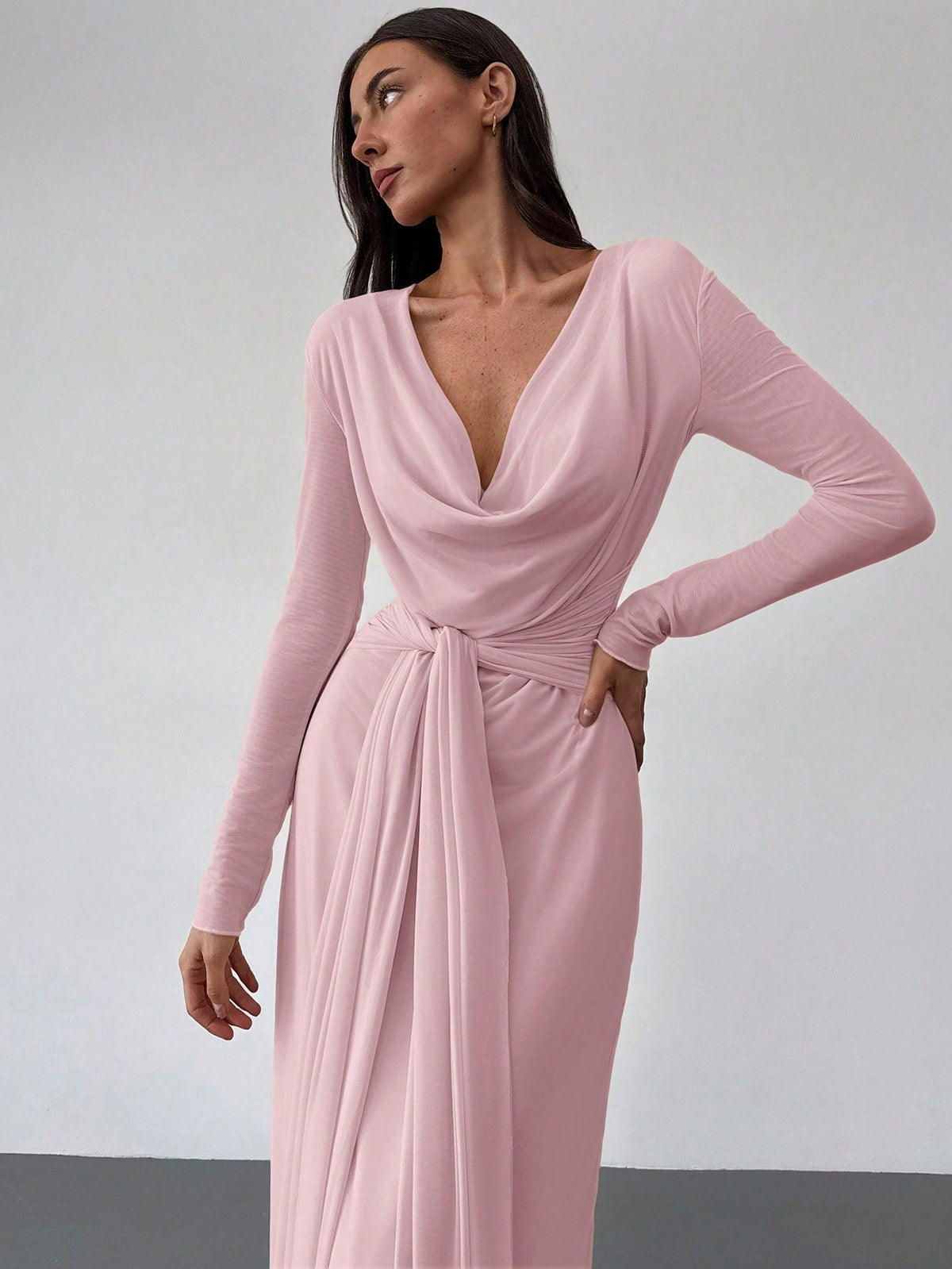 Deep Draped Neck Long Sleeve Tight-Fitting Mesh Lace Dress, Apricot, Romantic For Date & Outing