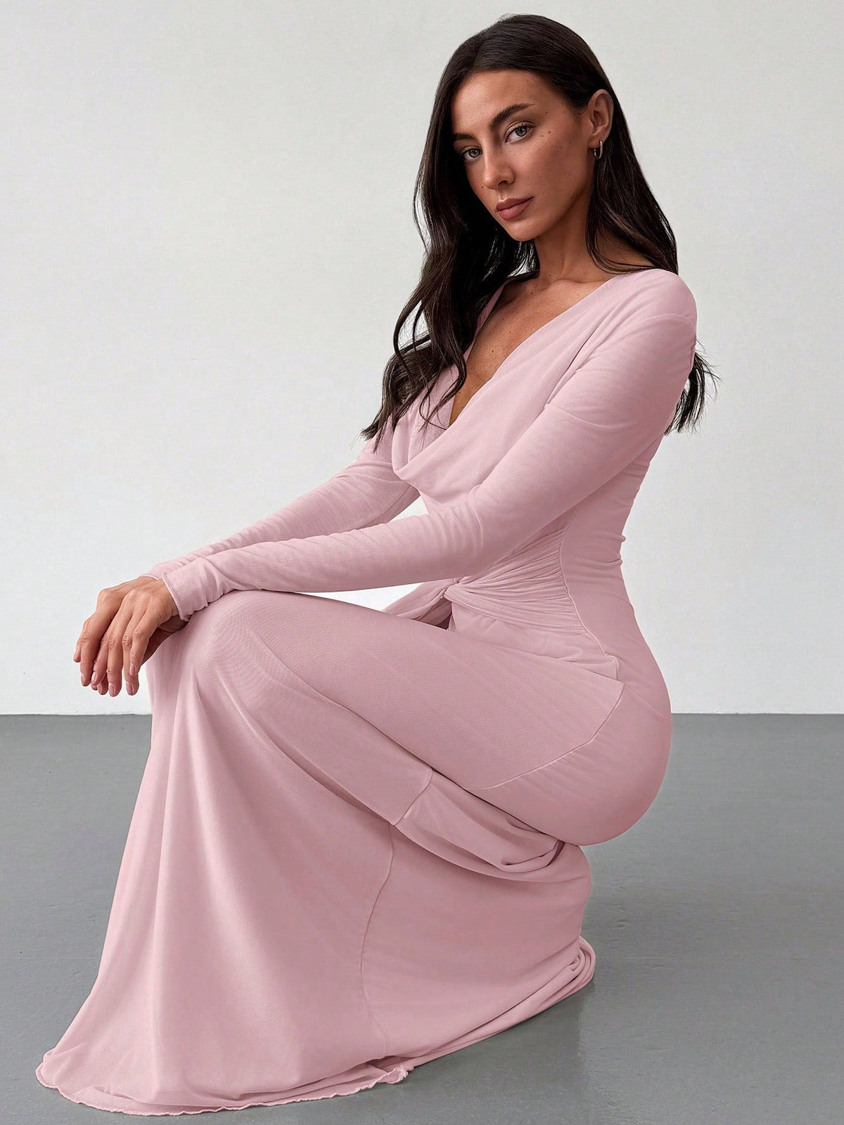 Deep Draped Neck Long Sleeve Tight-Fitting Mesh Lace Dress, Apricot, Romantic For Date & Outing