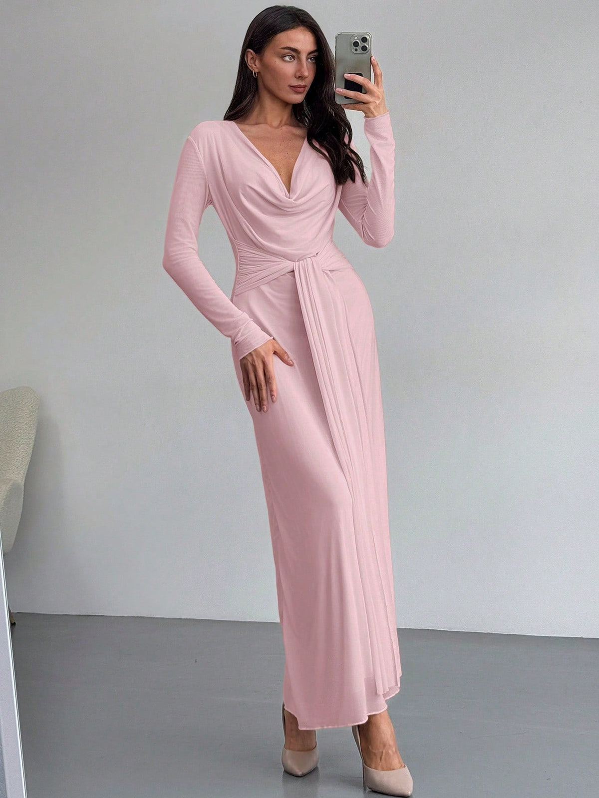 Deep Draped Neck Long Sleeve Tight-Fitting Mesh Lace Dress, Apricot, Romantic For Date & Outing