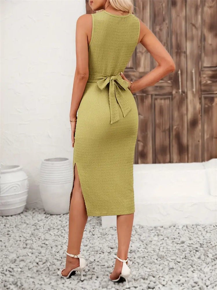 The Twisted Elegance | Solid Color Twisted Tie Bow Sleeveless Midi Dress