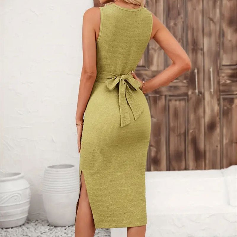 The Twisted Elegance | Solid Color Twisted Tie Bow Sleeveless Midi Dress