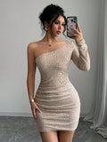 Elegant And Charming Asymmetrical Shoulder Sparkling Bodycon Dress For New Year Holiday Party Clothes Sequin Women Outfit