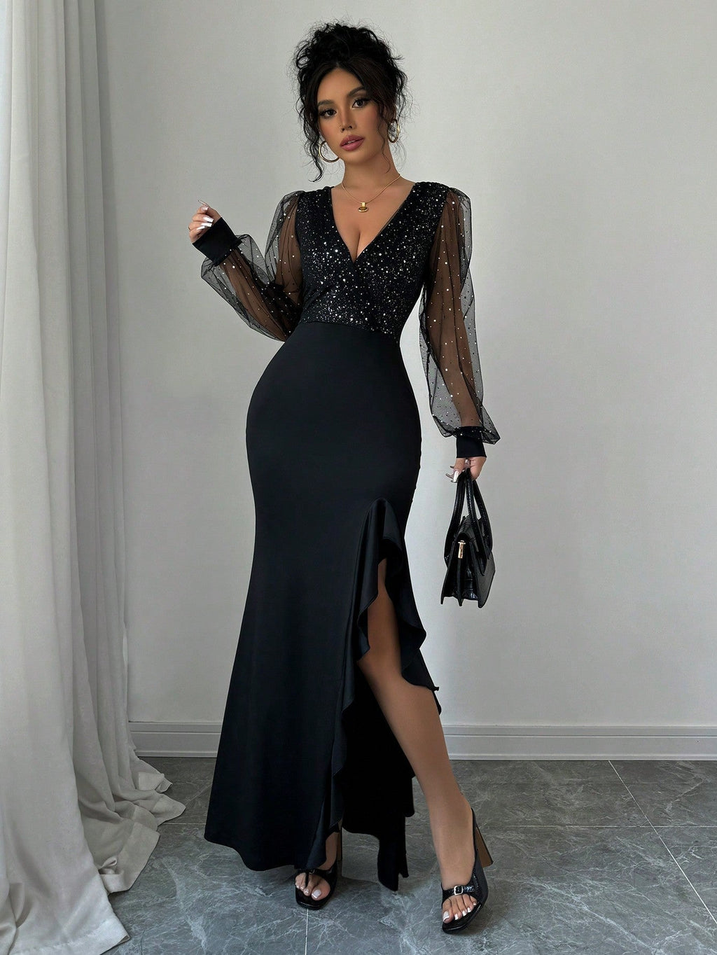 Elegant Sxy V-Neck Waisted High Slit Dress