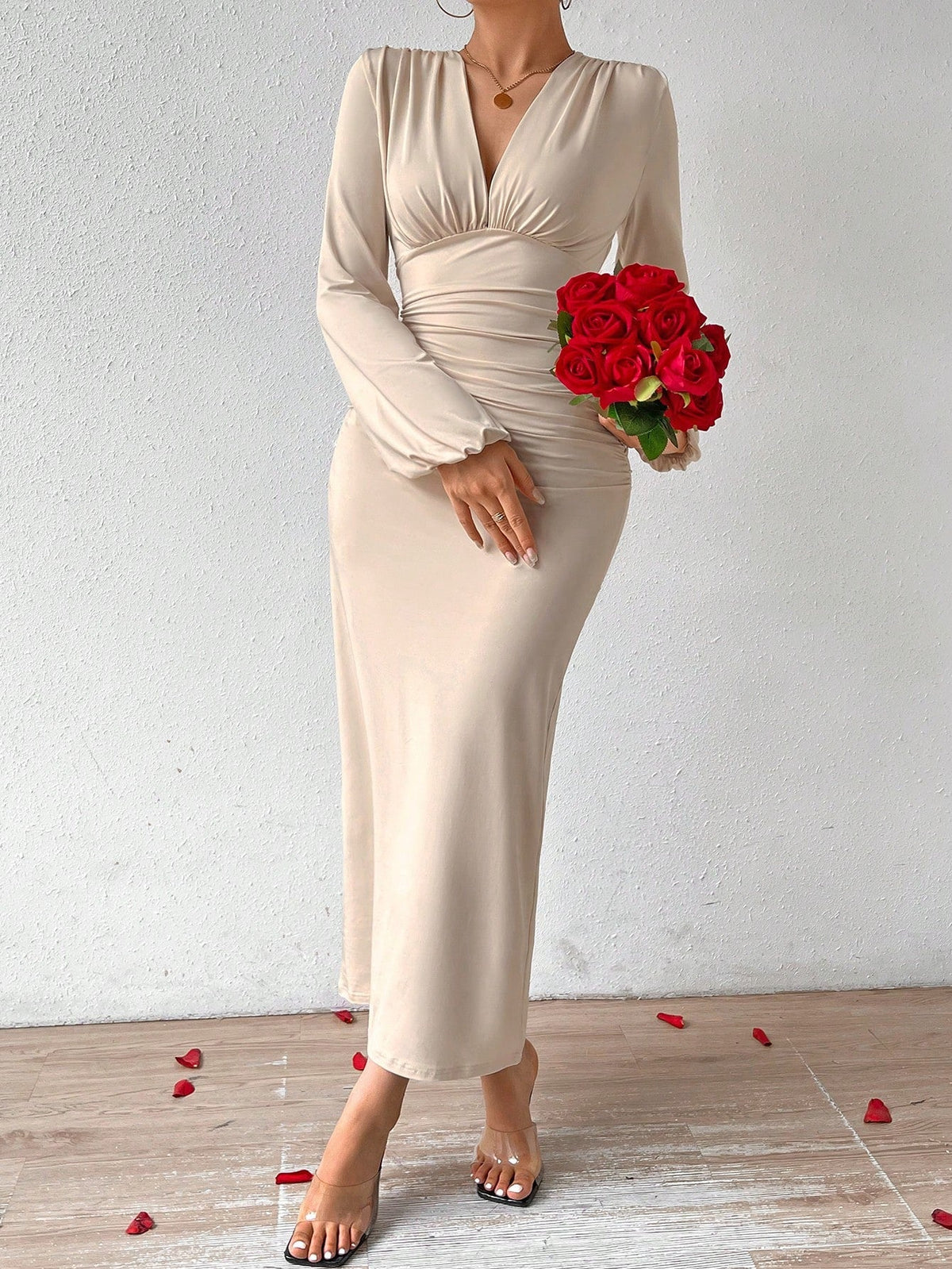Elegant Women Party V-Neck Leopard Print Ruched Puff Sleeve Dress