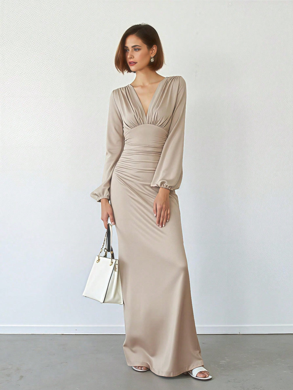 Elegant Women Party V-Neck Leopard Print Ruched Puff Sleeve Dress