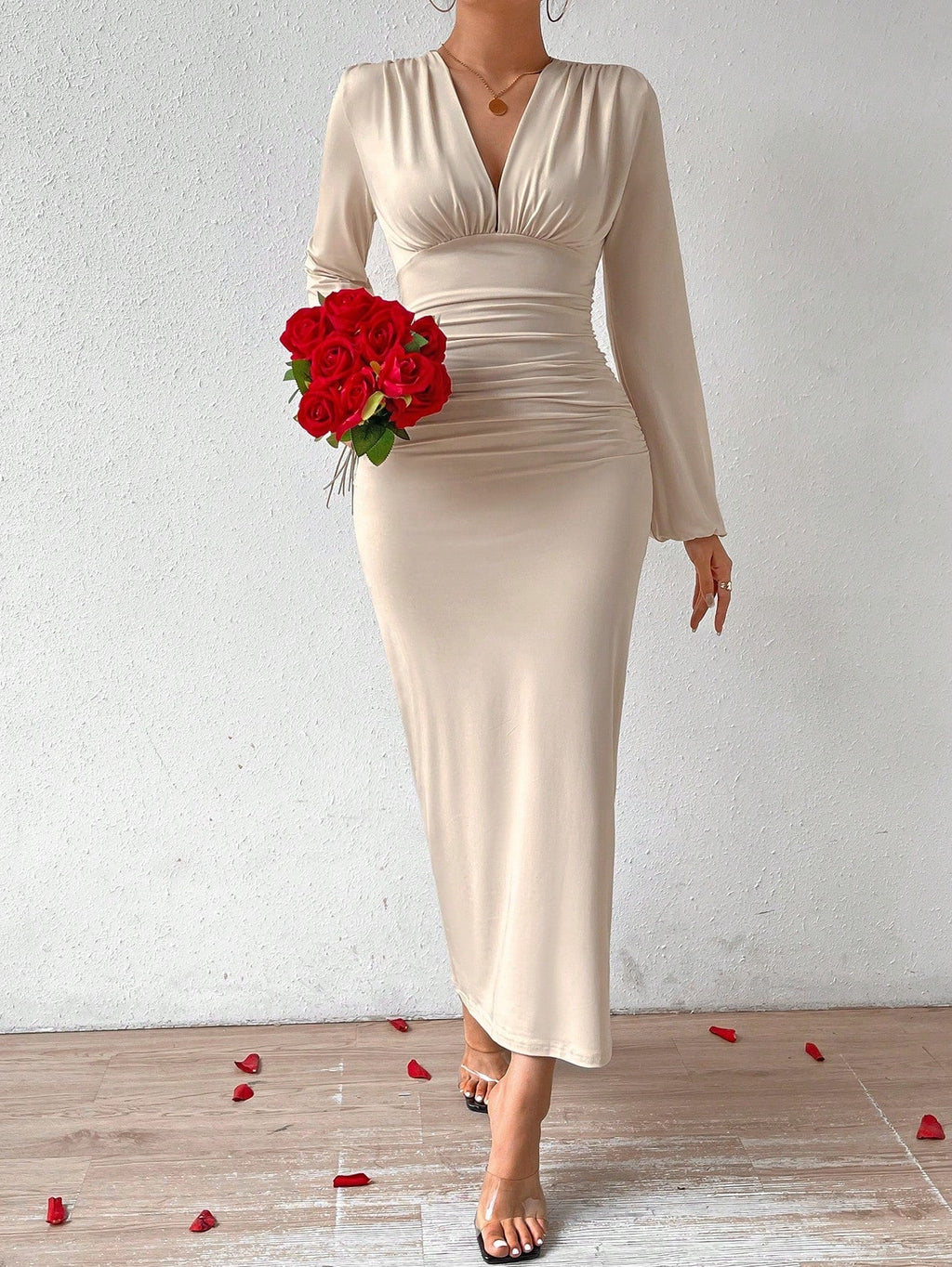 Elegant Women Party V-Neck Leopard Print Ruched Puff Sleeve Dress