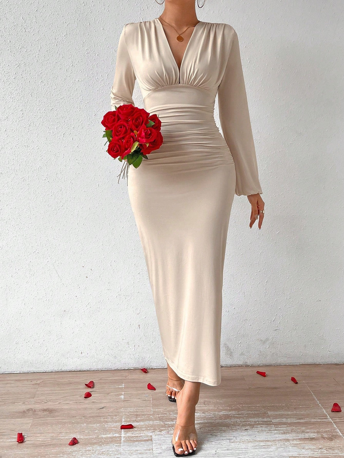 Elegant Women Party V-Neck Leopard Print Ruched Puff Sleeve Dress