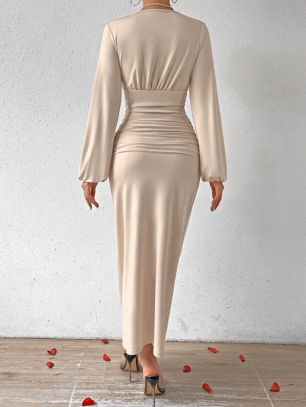 Elegant Women Party V-Neck Leopard Print Ruched Puff Sleeve Dress