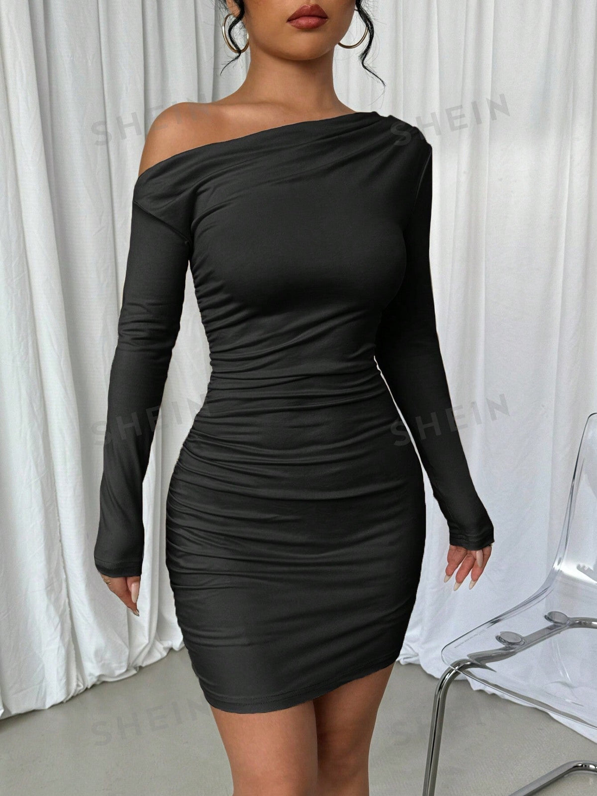 Elenzya Asymmetrical Shoulder Ruffle Long Sleeve Elastic Waist Short Casual Dress