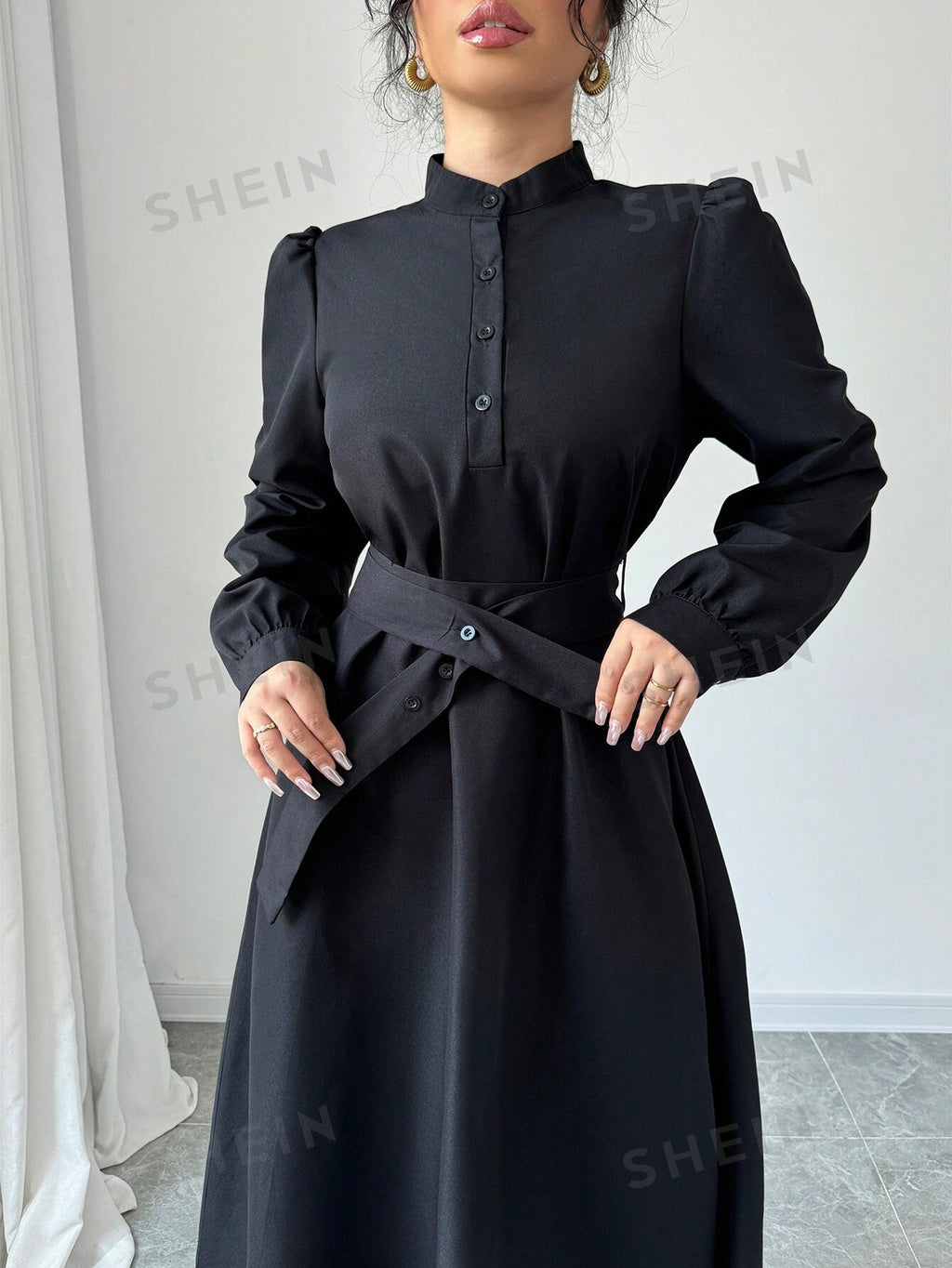 Elenzya Women Elegant Casual Fashion Commuter Long Sleeve Stand Collar Half-Zip Cinched Waist Waist Solid Color Maxi Dress