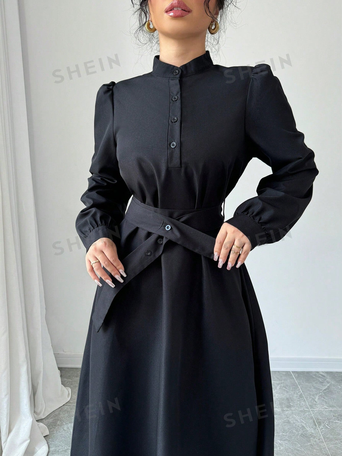 Elenzya Women Elegant Casual Fashion Commuter Long Sleeve Stand Collar Half-Zip Cinched Waist Waist Solid Color Maxi Dress