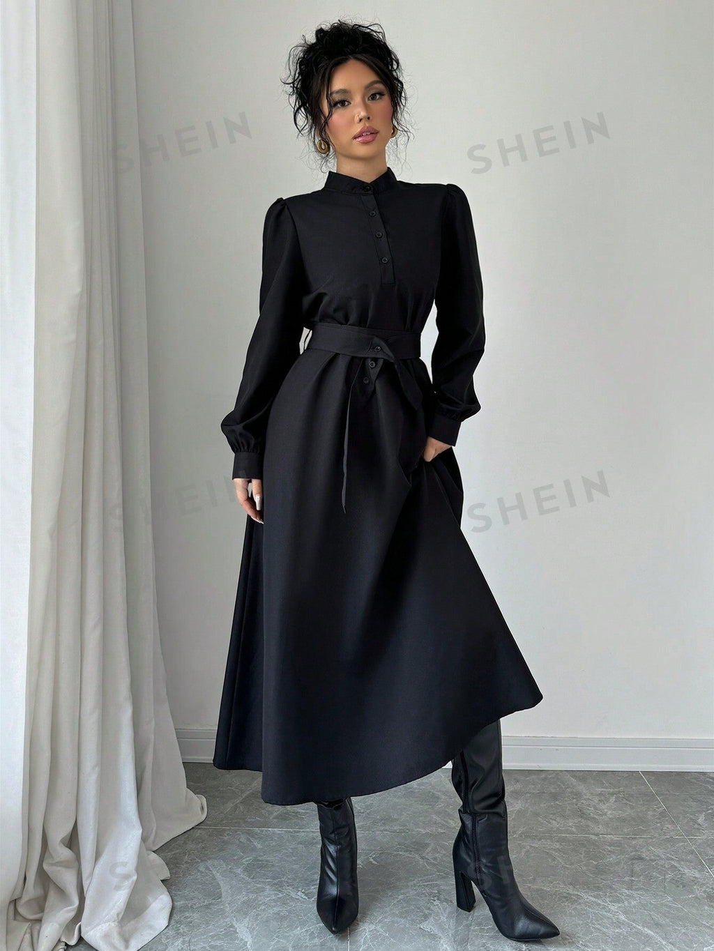 Elenzya Women Elegant Casual Fashion Commuter Long Sleeve Stand Collar Half-Zip Cinched Waist Waist Solid Color Maxi Dress