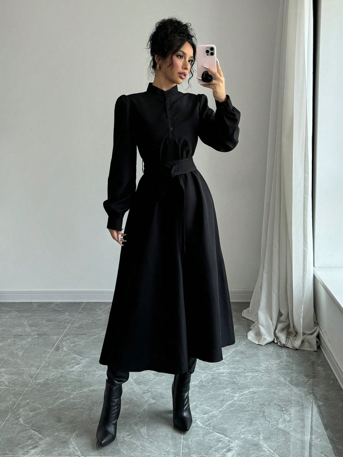 Elenzya Women Elegant Casual Fashion Commuter Long Sleeve Stand Collar Half-Zip Cinched Waist Waist Solid Color Maxi Dress
