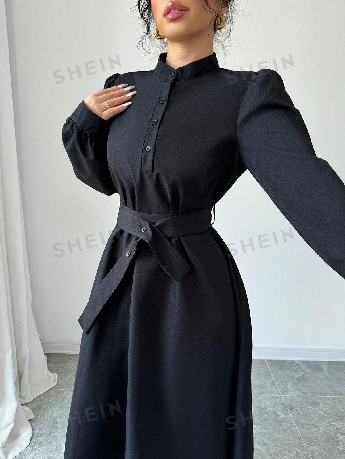 Elenzya Women Elegant Casual Fashion Commuter Long Sleeve Stand Collar Half-Zip Cinched Waist Waist Solid Color Maxi Dress