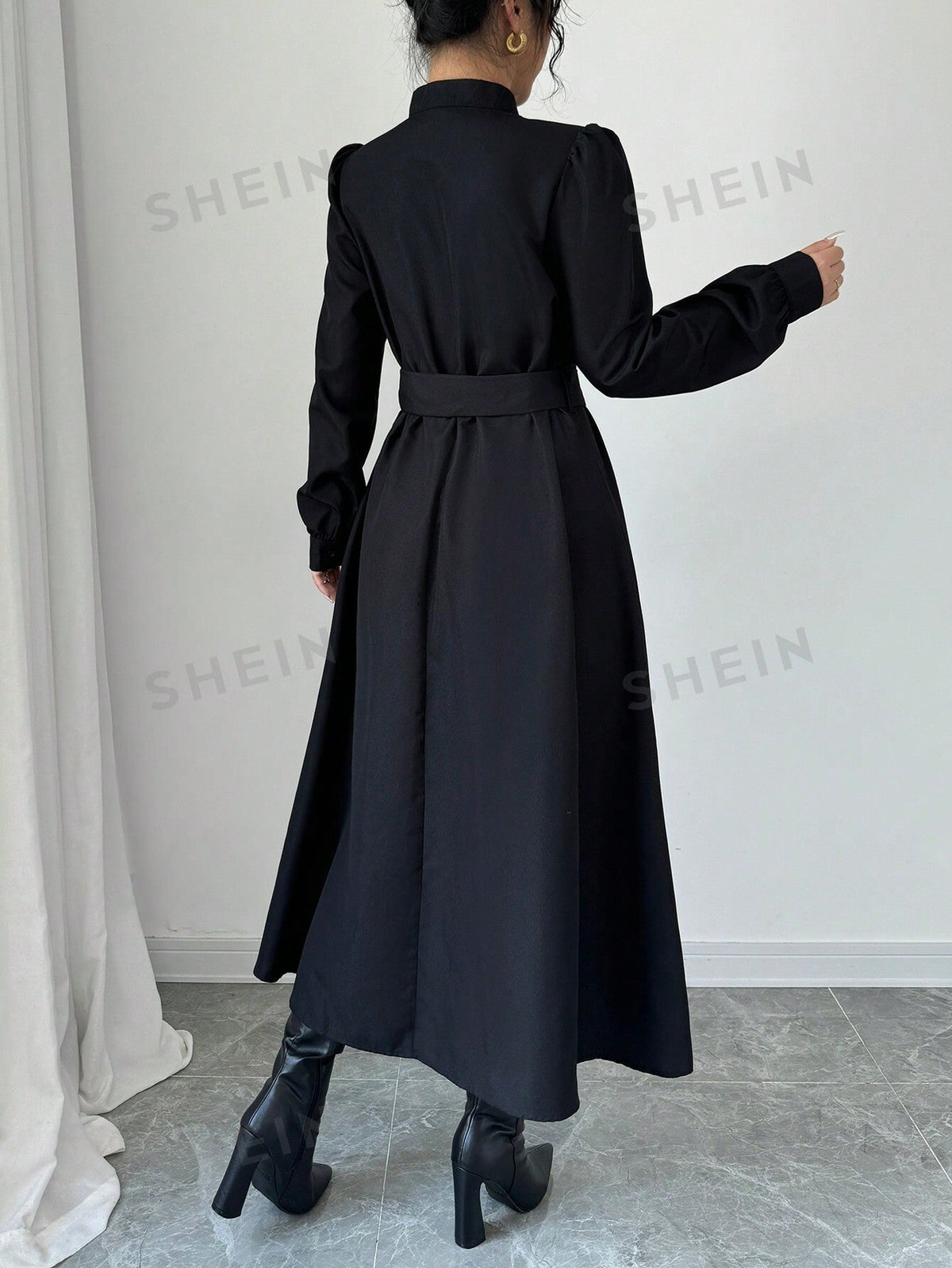 Elenzya Women Elegant Casual Fashion Commuter Long Sleeve Stand Collar Half-Zip Cinched Waist Waist Solid Color Maxi Dress
