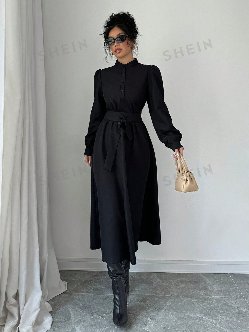 Elenzya Women Elegant Casual Fashion Commuter Long Sleeve Stand Collar Half-Zip Cinched Waist Waist Solid Color Maxi Dress