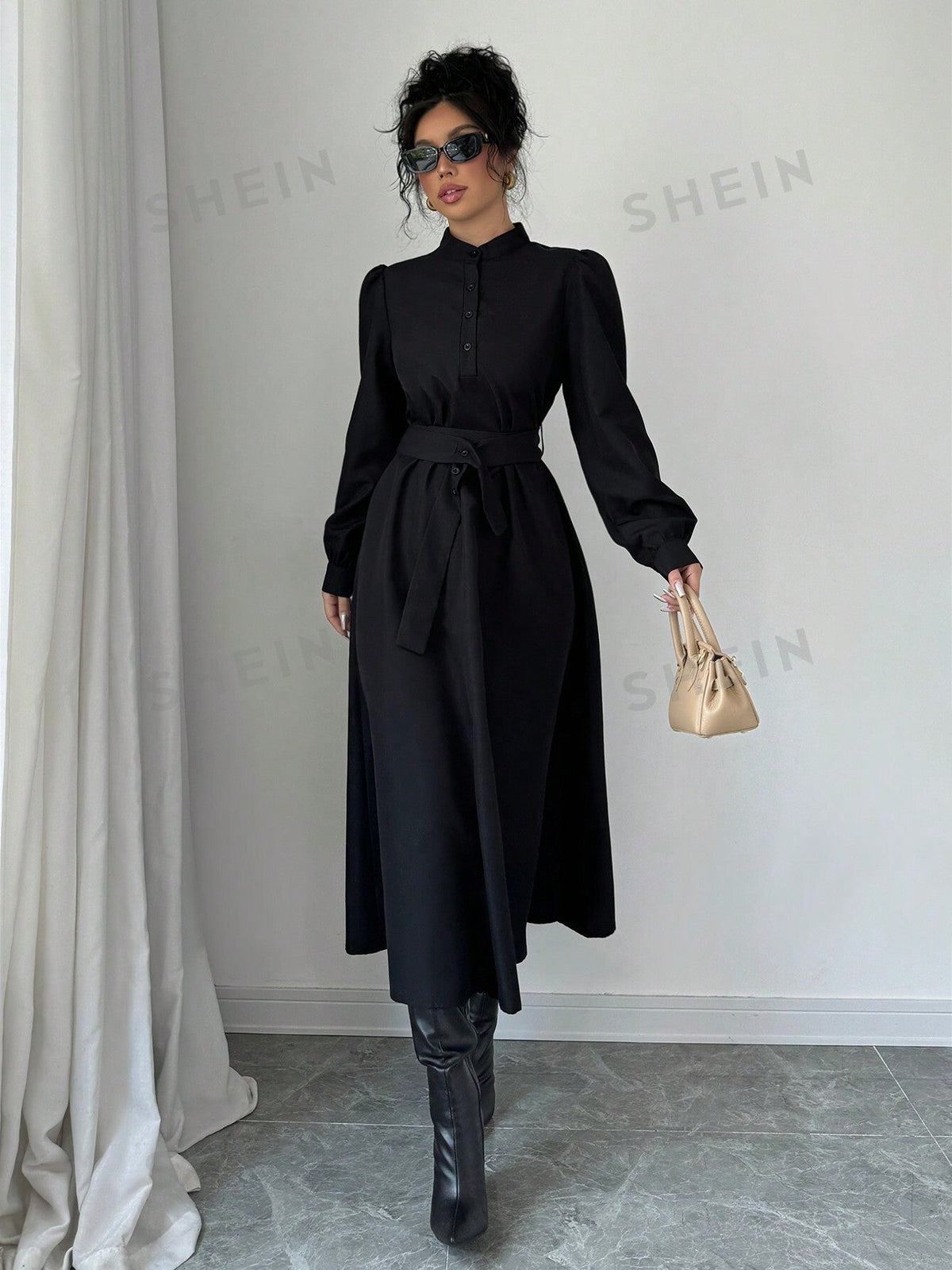 Elenzya Women Elegant Casual Fashion Commuter Long Sleeve Stand Collar Half-Zip Cinched Waist Waist Solid Color Maxi Dress