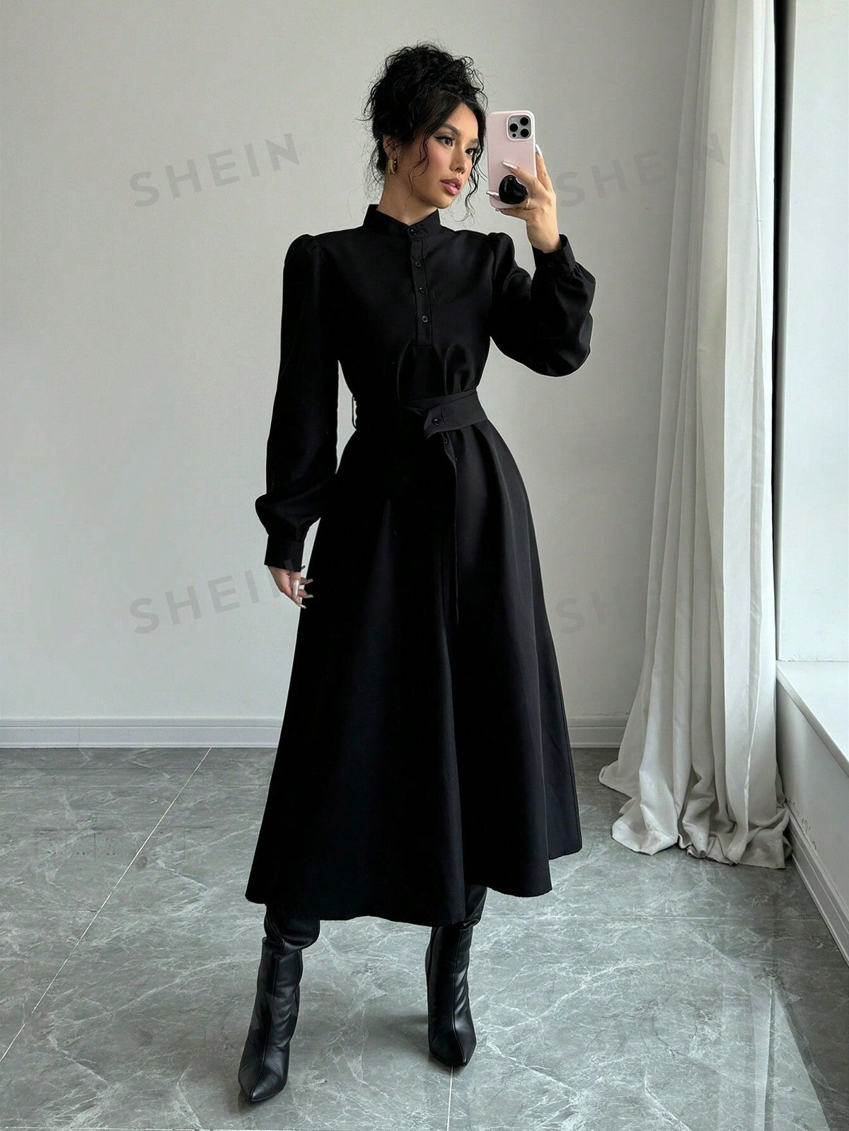 Elenzya Women Elegant Casual Fashion Commuter Long Sleeve Stand Collar Half-Zip Cinched Waist Waist Solid Color Maxi Dress