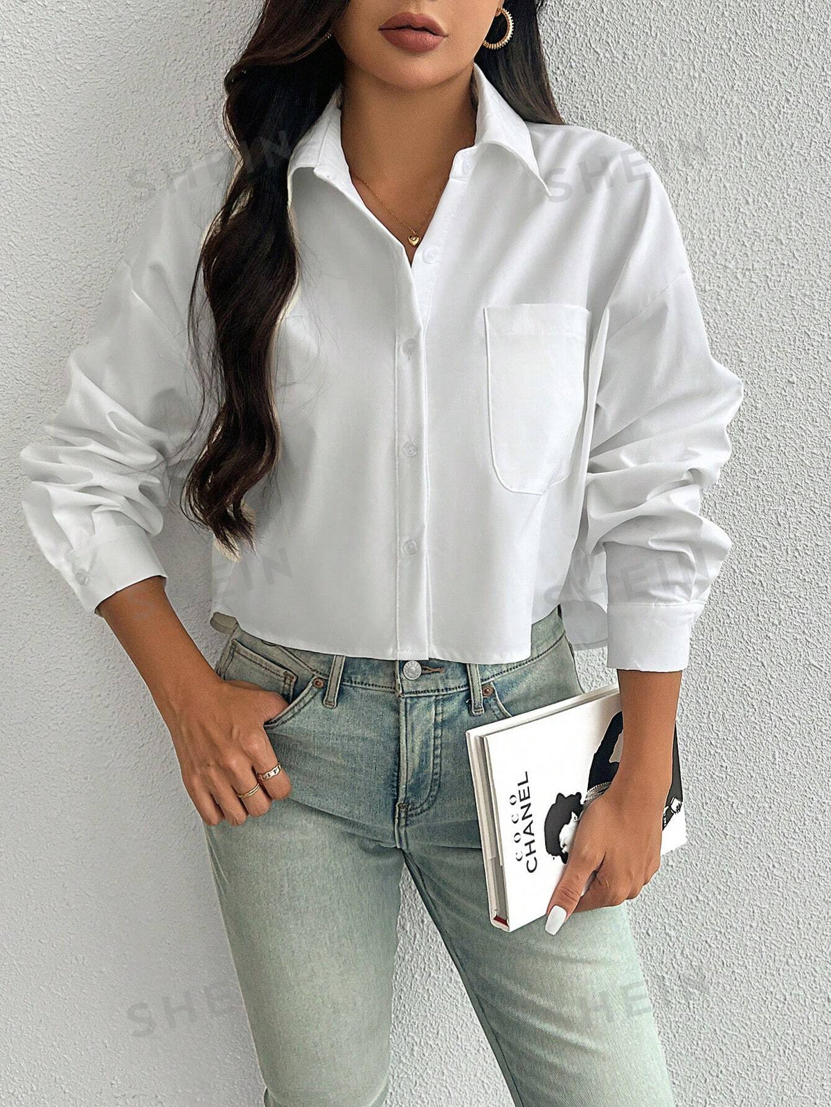 Essnce Women's Spring/Summer Solid Color Loose Fit Drop Shoulder Long Sleeve Cropped Casual Shirt With Pocket