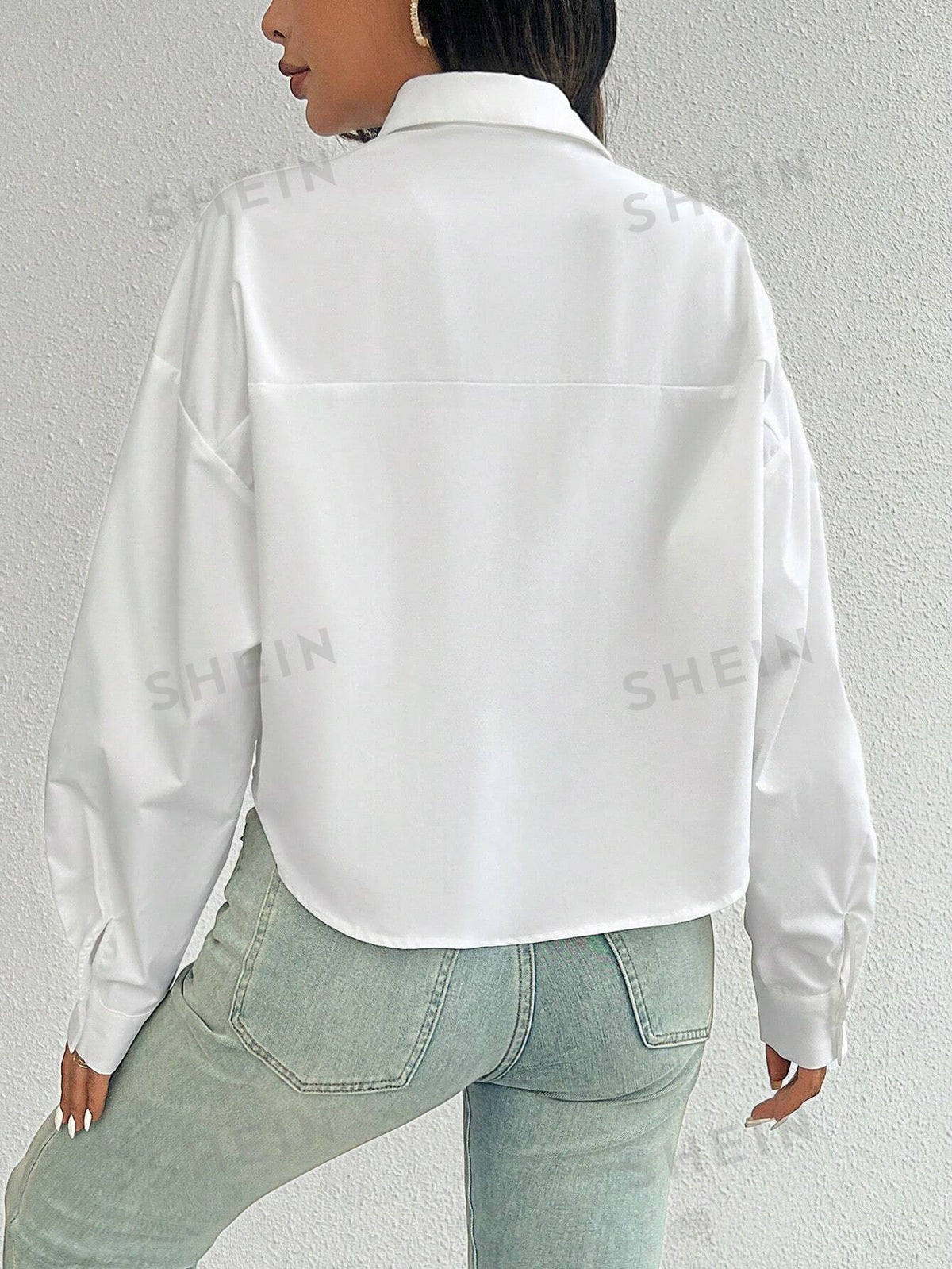 Essnce Women's Spring/Summer Solid Color Loose Fit Drop Shoulder Long Sleeve Cropped Casual Shirt With Pocket