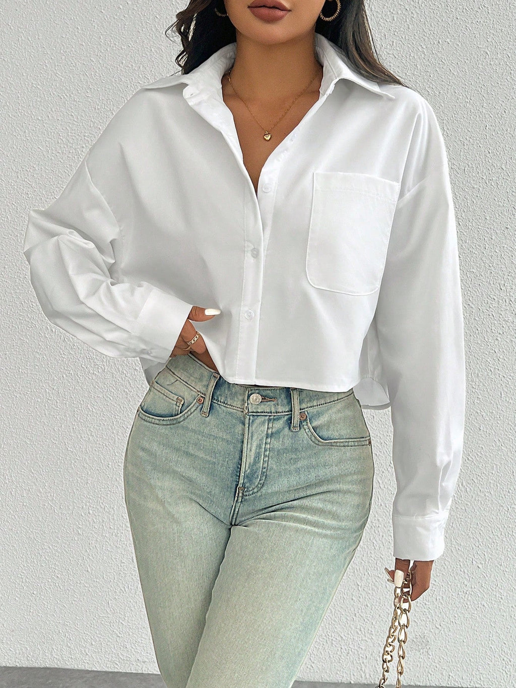 Essnce Women's Spring/Summer Solid Color Loose Fit Drop Shoulder Long Sleeve Cropped Casual Shirt With Pocket