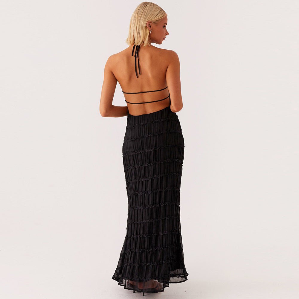 Ethereal Muse | Backless Pleated Halter Maxi Dress