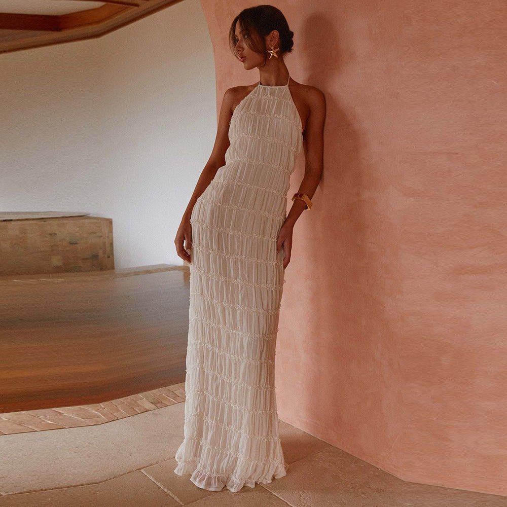 Ethereal Muse | Backless Pleated Halter Maxi Dress