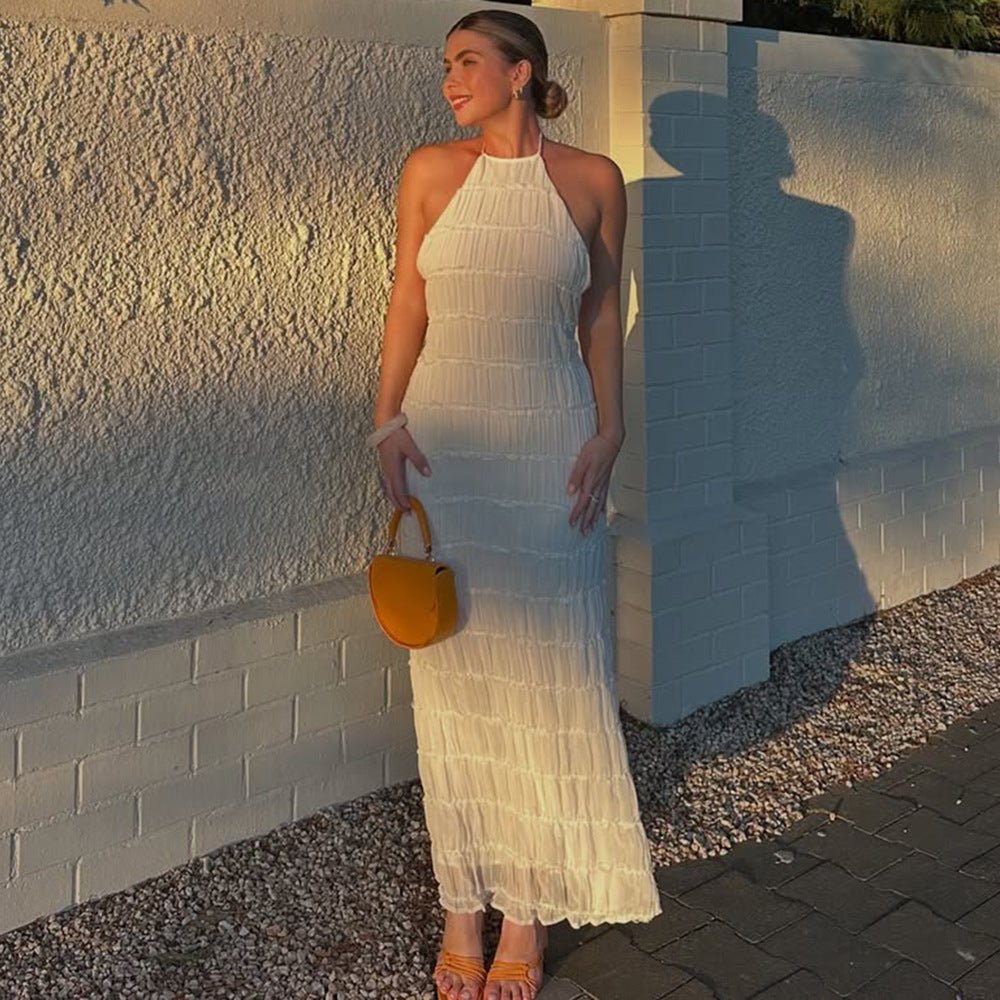 Ethereal Muse | Backless Pleated Halter Maxi Dress