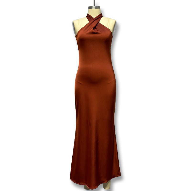 The Sultry Curve | Solid Color Halter Backless Fishtail Maxi Dress