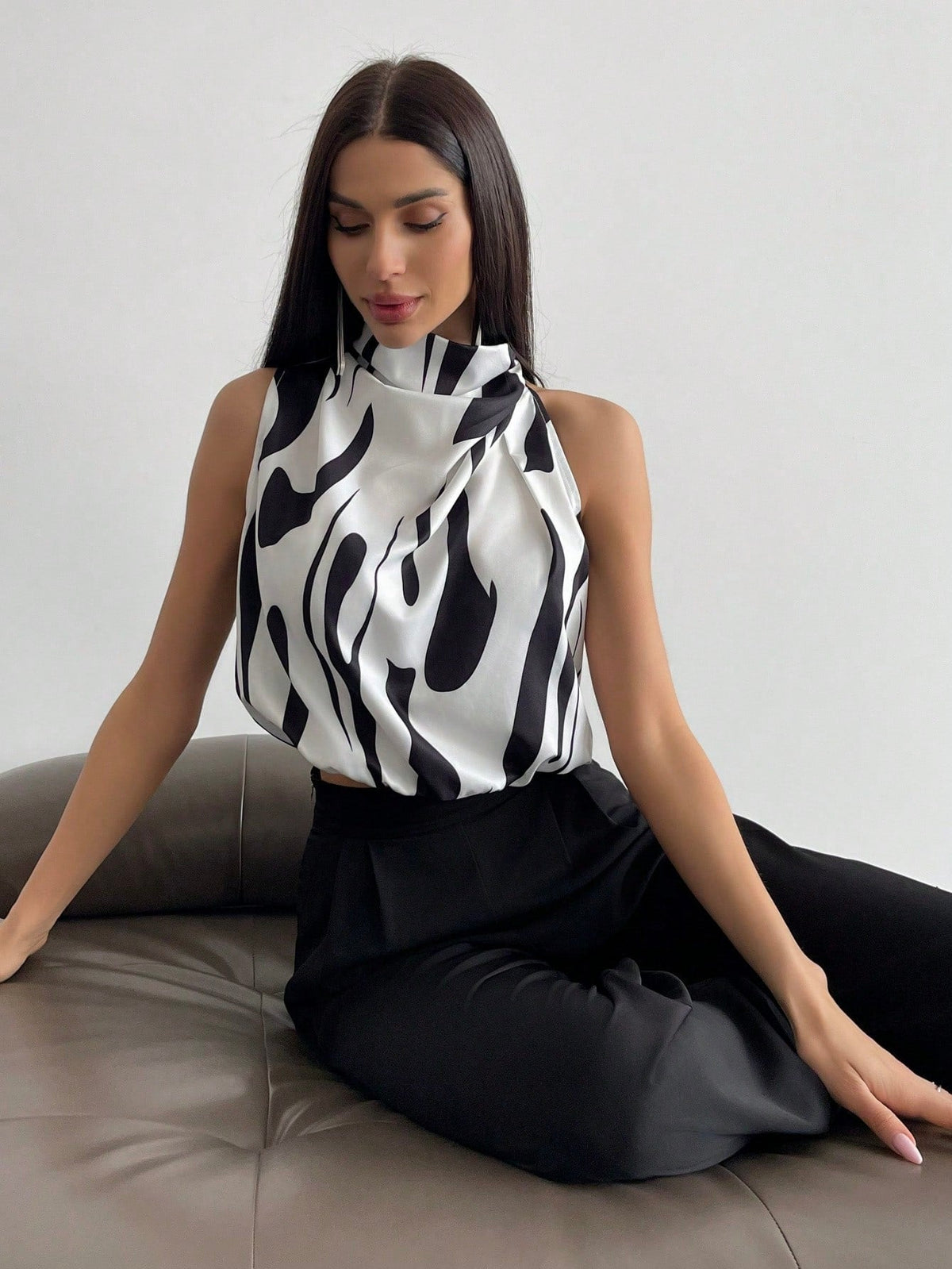 Full Printed High Neck Sleeveless Women's Blouse,Sleeveless Tops