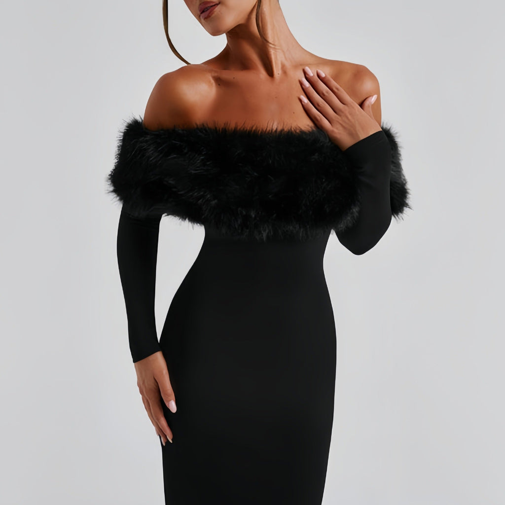 The Winter Glam | Solid Black Fur Collar One-Shoulder Long-Sleeve Midi Dress