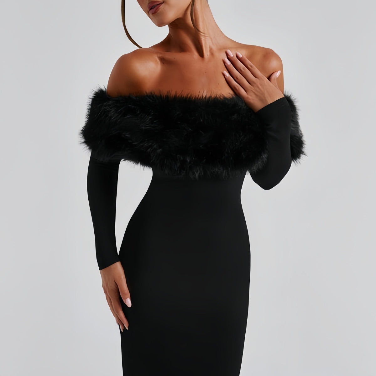 The Winter Glam | Solid Black Fur Collar One-Shoulder Long-Sleeve Midi Dress
