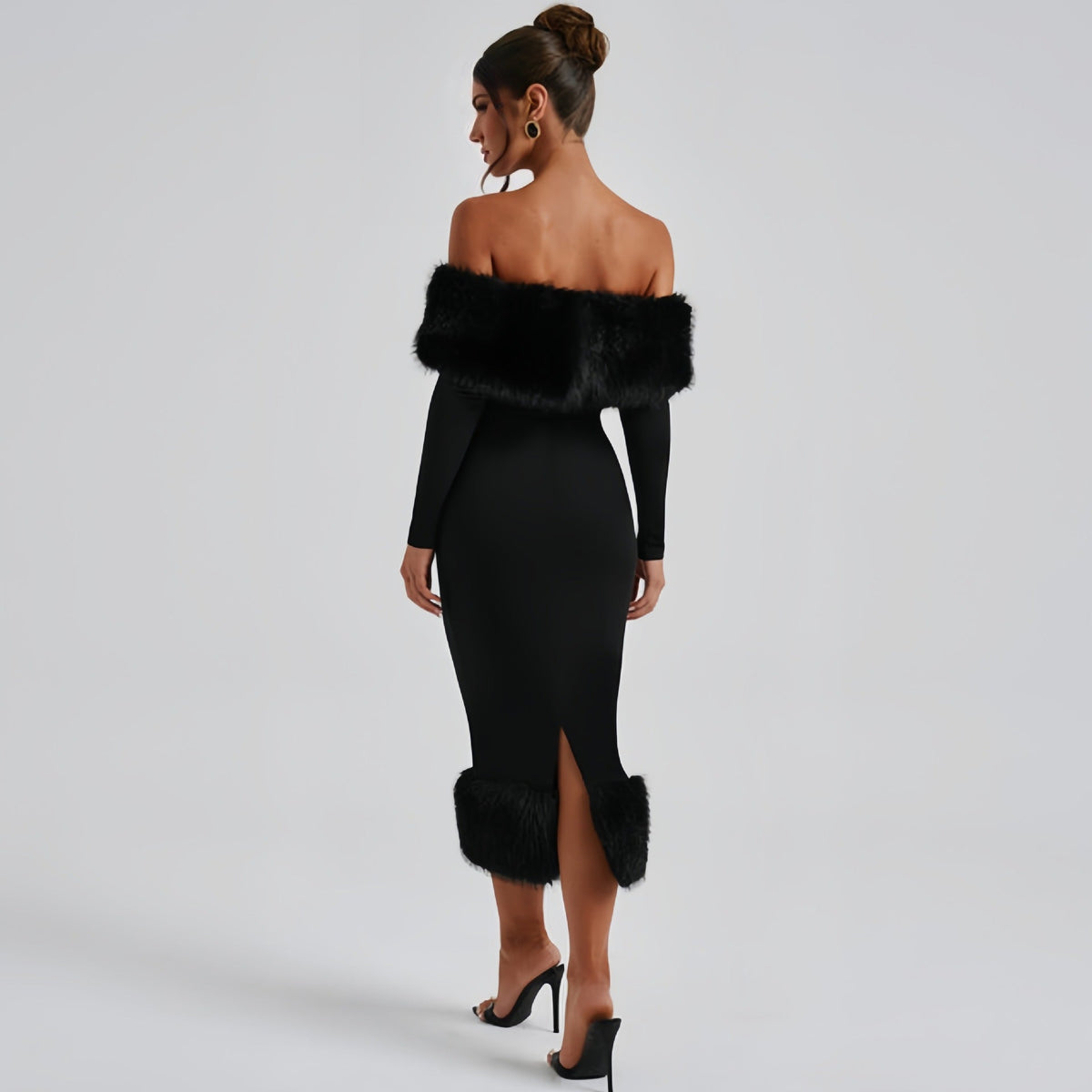 The Winter Glam | Solid Black Fur Collar One-Shoulder Long-Sleeve Midi Dress