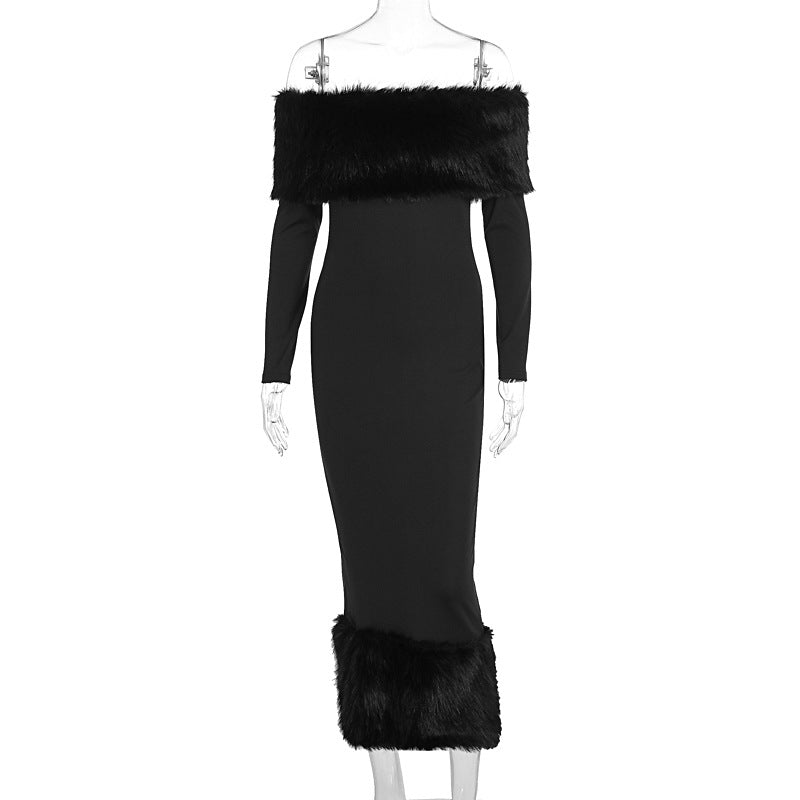 The Winter Glam | Solid Black Fur Collar One-Shoulder Long-Sleeve Midi Dress