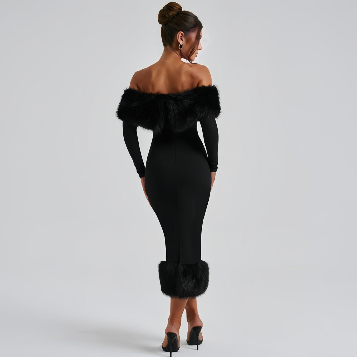 The Winter Glam | Solid Black Fur Collar One-Shoulder Long-Sleeve Midi Dress