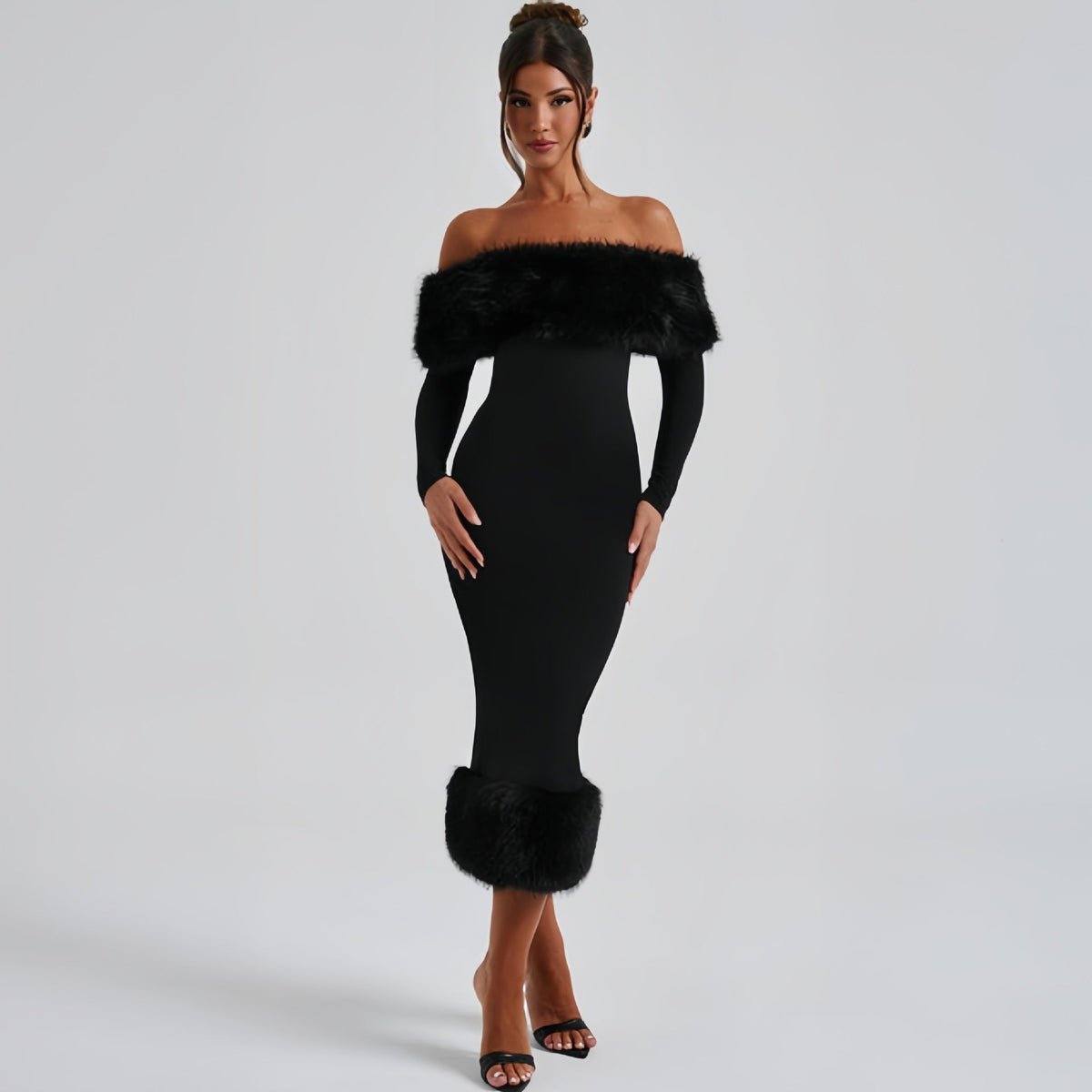 The Winter Glam | Solid Black Fur Collar One-Shoulder Long-Sleeve Midi Dress