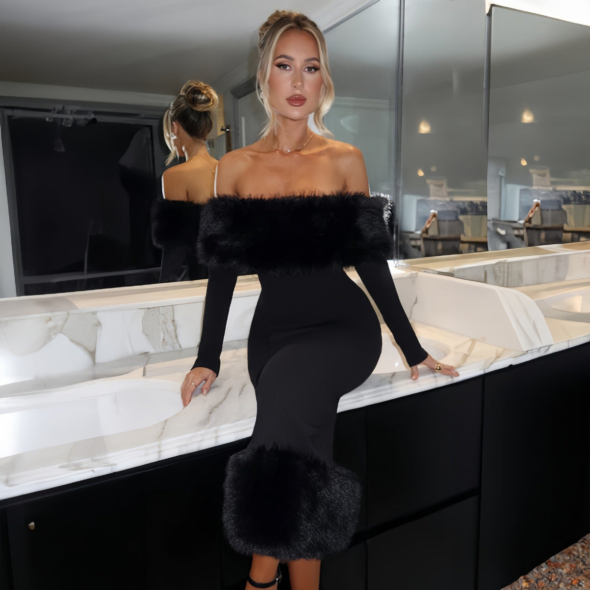 The Winter Glam | Solid Black Fur Collar One-Shoulder Long-Sleeve Midi Dress
