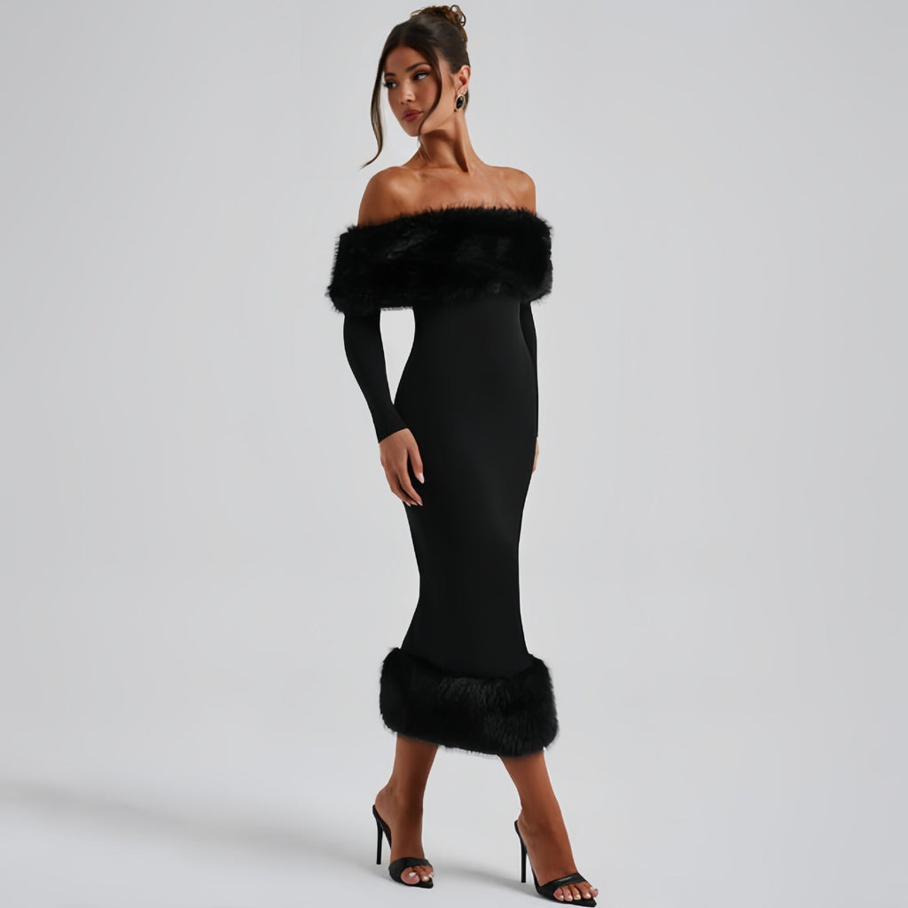 The Winter Glam | Solid Black Fur Collar One-Shoulder Long-Sleeve Midi Dress
