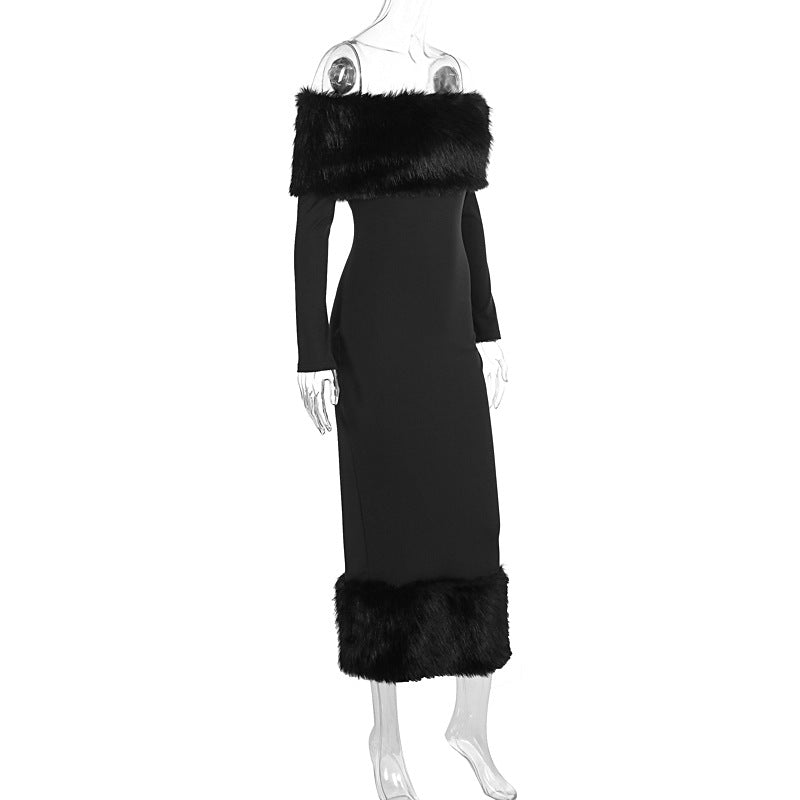 The Winter Glam | Solid Black Fur Collar One-Shoulder Long-Sleeve Midi Dress
