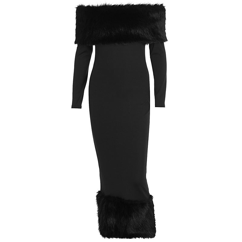 The Winter Glam | Solid Black Fur Collar One-Shoulder Long-Sleeve Midi Dress