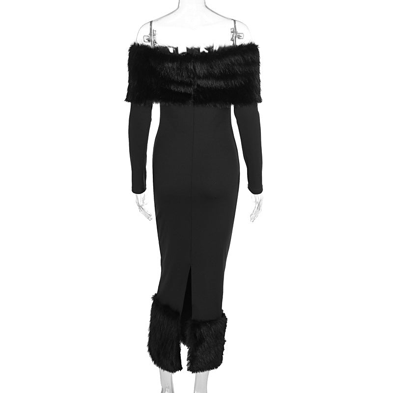 The Winter Glam | Solid Black Fur Collar One-Shoulder Long-Sleeve Midi Dress