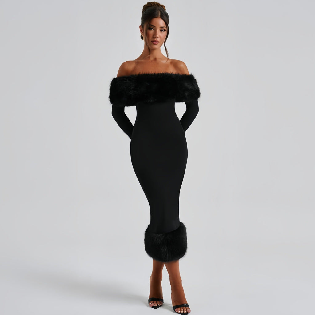 The Winter Glam | Solid Black Fur Collar One-Shoulder Long-Sleeve Midi Dress