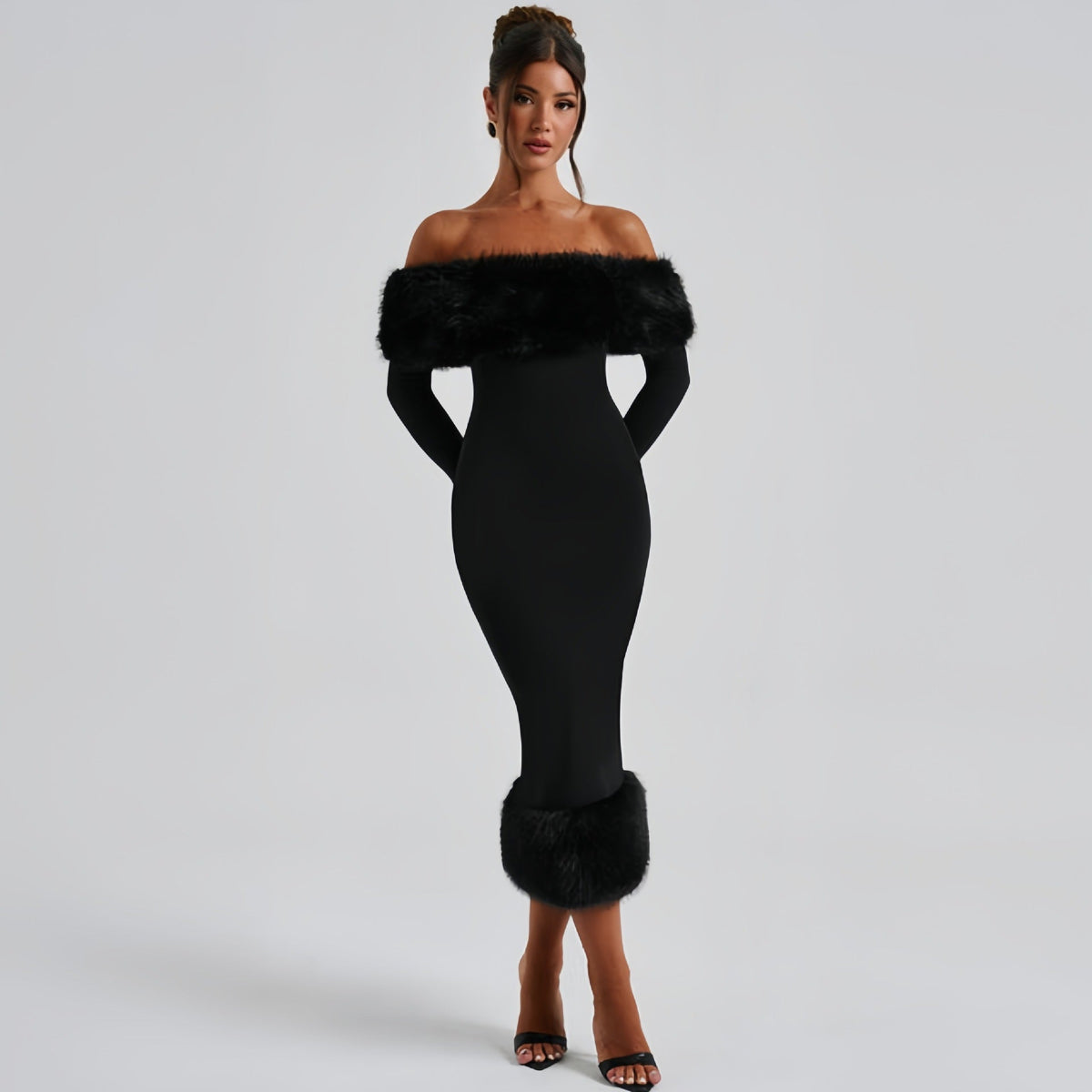 The Winter Glam | Solid Black Fur Collar One-Shoulder Long-Sleeve Midi Dress