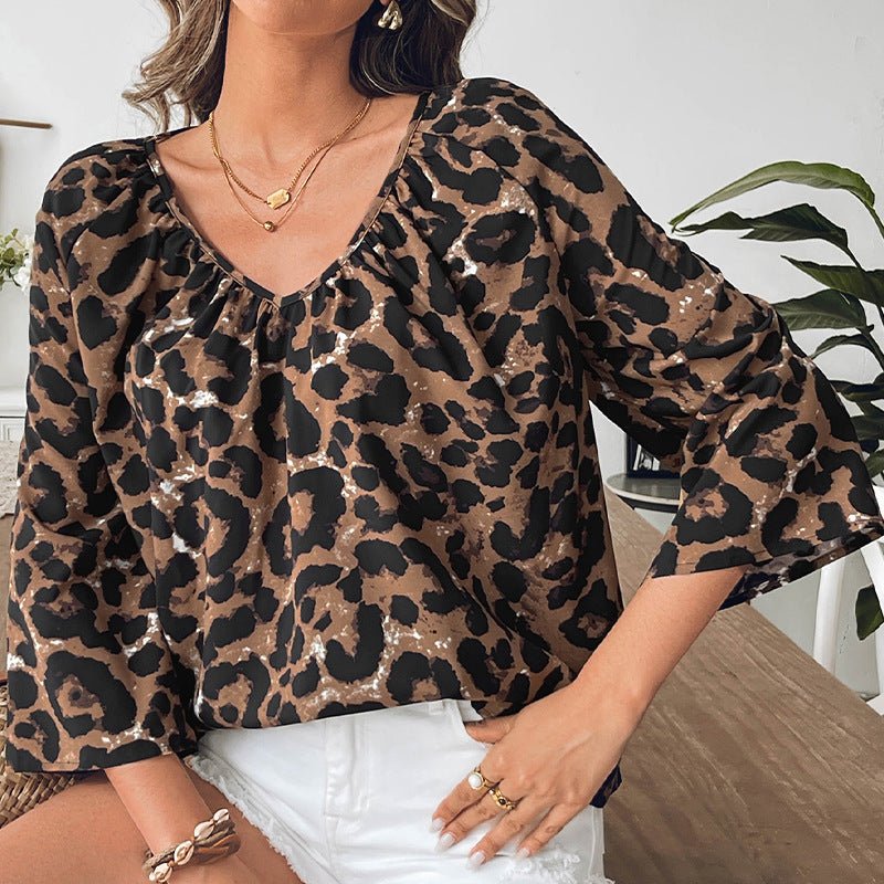 women's clothing 2025 spring and summer fashion and shirt leopard print half-sleeved V-neck shirt pullover top