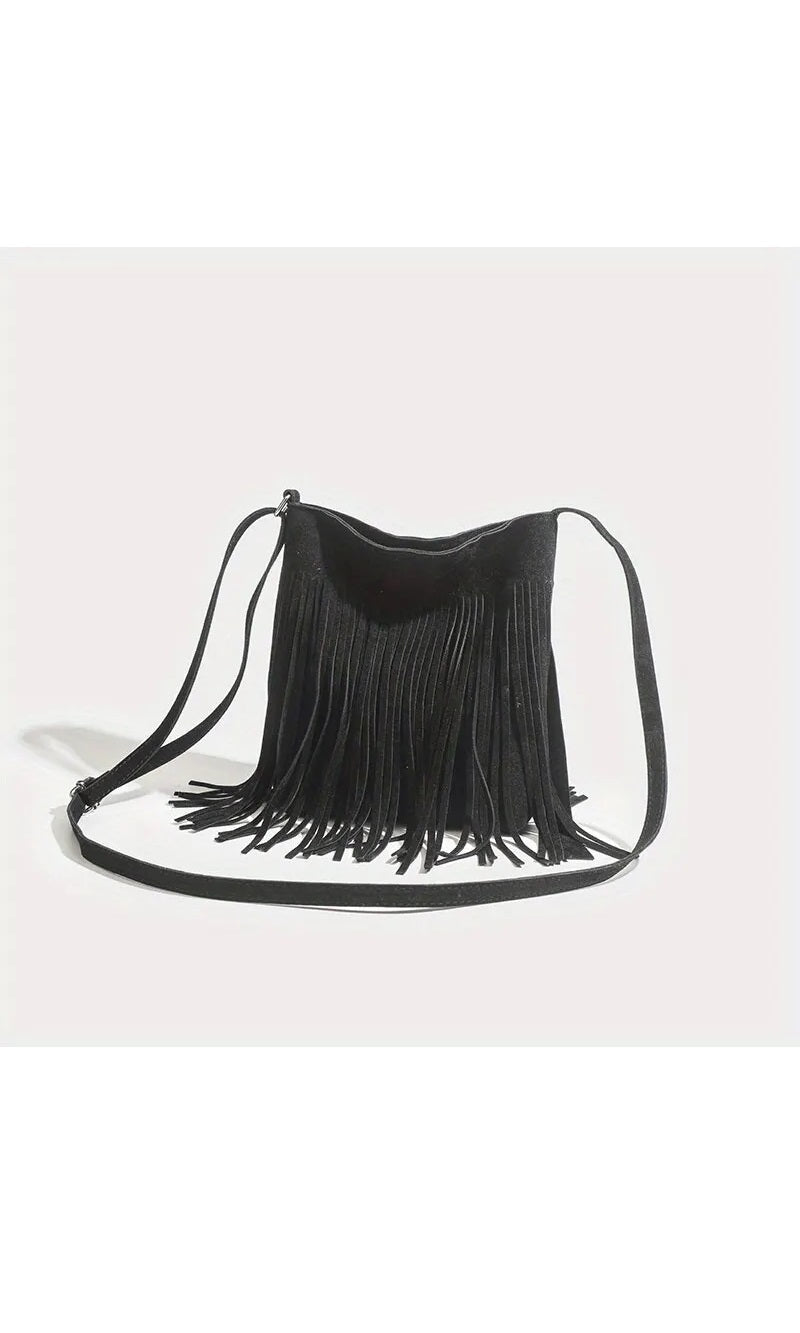 Vintage black suede shoulder bag with fringe