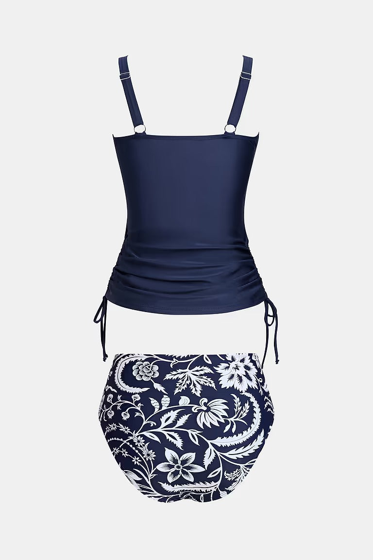 Blue ruched tankini and bottoms