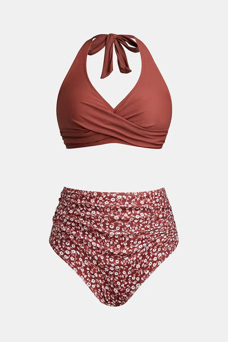 High-waisted, twisted floral bikini in brown, tummy-controlling style
