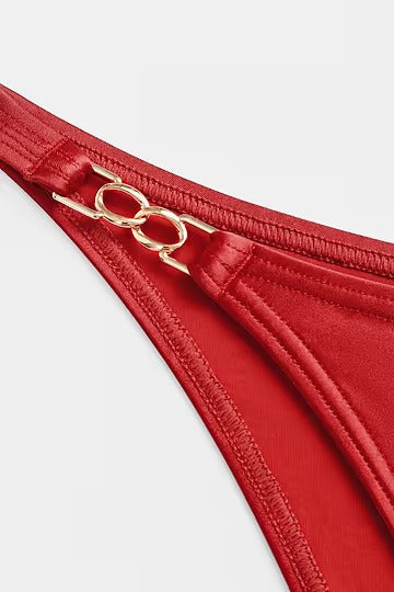 Red bikini with scoop neck and extra high leg