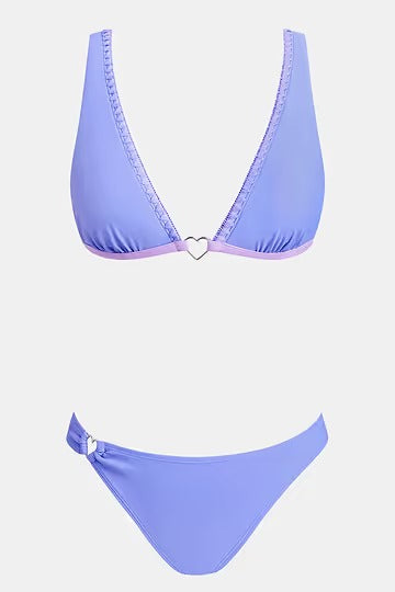 Purple bikini with a plunging neckline